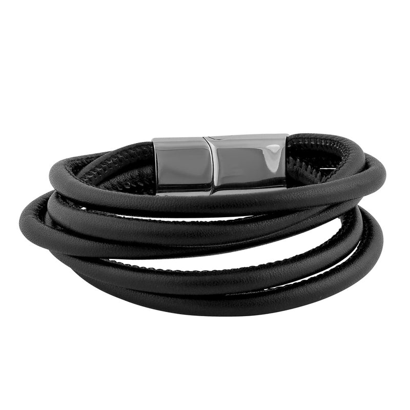 Stainless Steel Layered Black Leather Bracelet