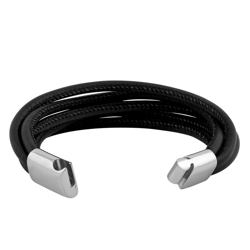 Stainless Steel Layered Black Leather Bracelet