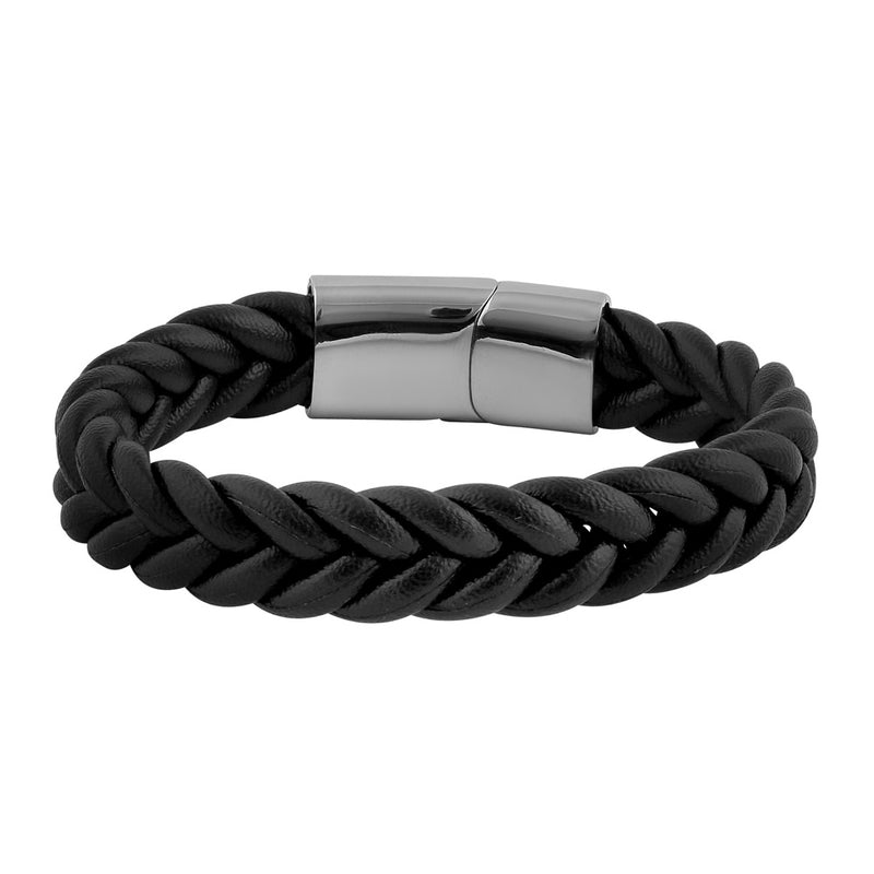 Stainless Steel Black Leather Twist Bracelet
