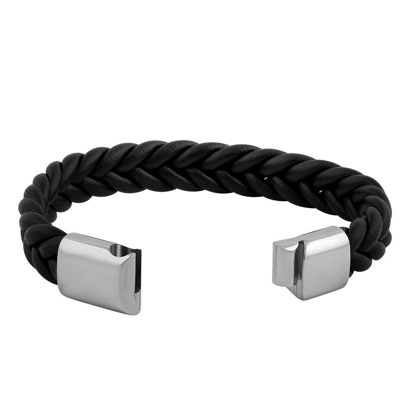 Stainless Steel Black Leather Twist Bracelet
