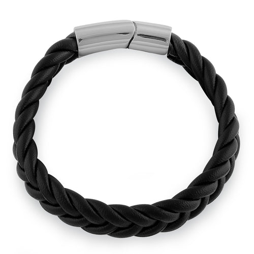 Stainless Steel Black Leather Twist Bracelet