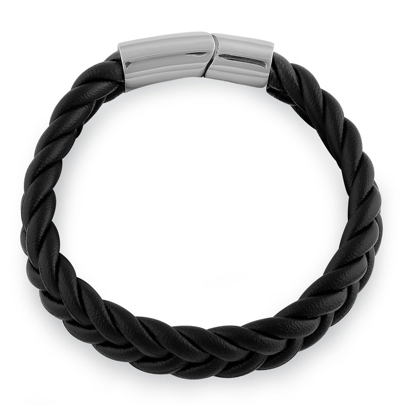 Stainless Steel Black Leather Twist Bracelet