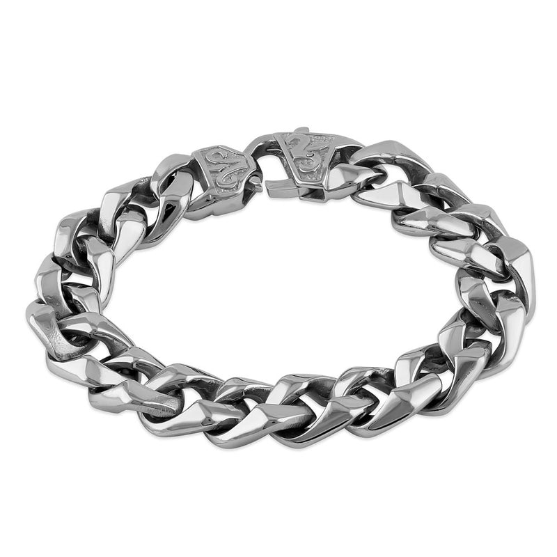 Stainless Steel 12.5mm Curb Fleur de Lis Clasp Bracelet