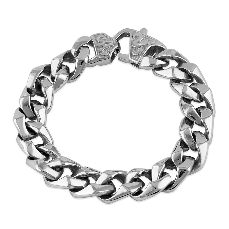 Stainless Steel 12.5mm Curb Fleur de Lis Clasp Bracelet