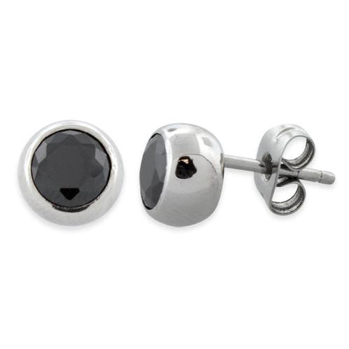 Stainless Steel Round Black CZ Stud Earrings