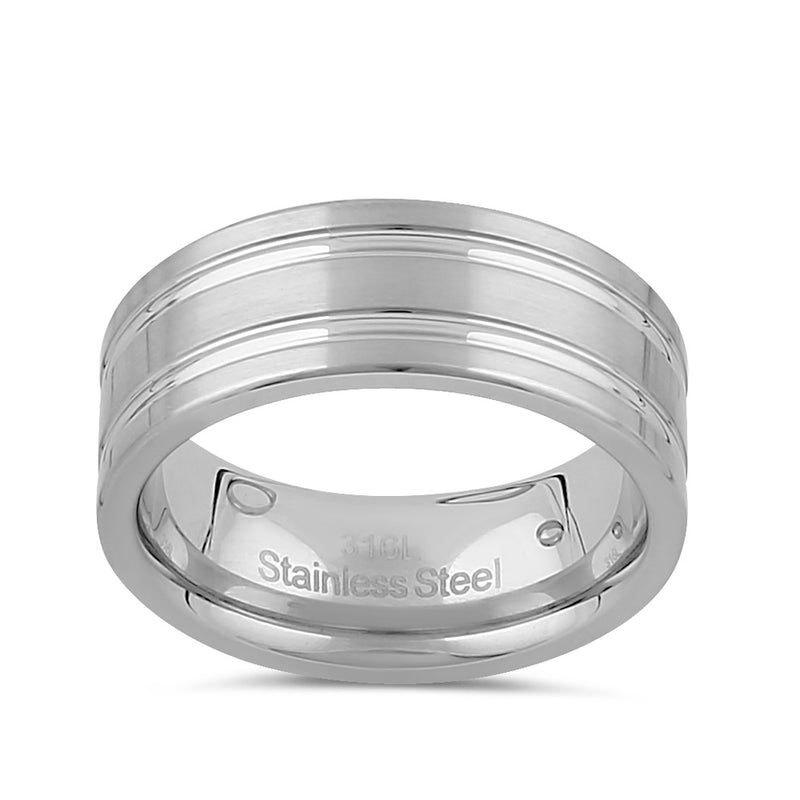 Stainless Steel Men's 8mm Brushed Polish with Grooves Wedding Band