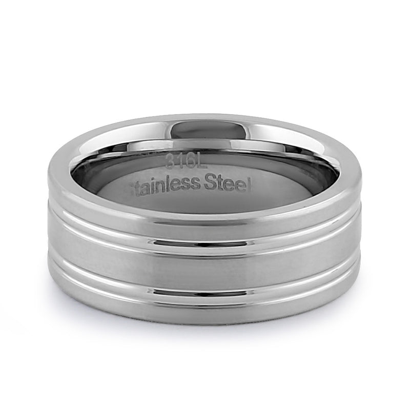 Stainless Steel Men's 8mm Brushed Polish with Grooves Wedding Band