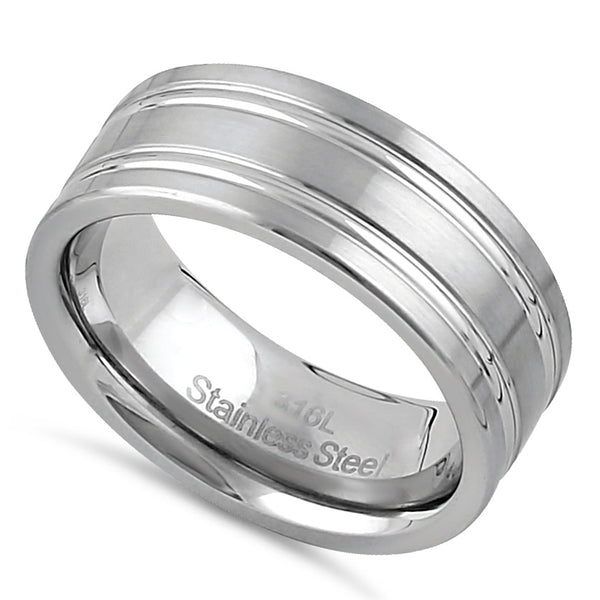 Stainless Steel Men's 8mm Brushed Polish with Grooves Wedding Band