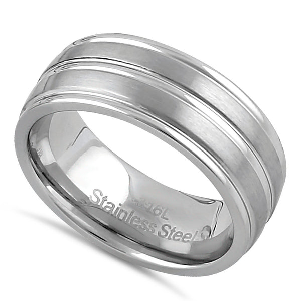 Stainless Steel Men's 8mm Brushed Polish with Grooves Wedding Band