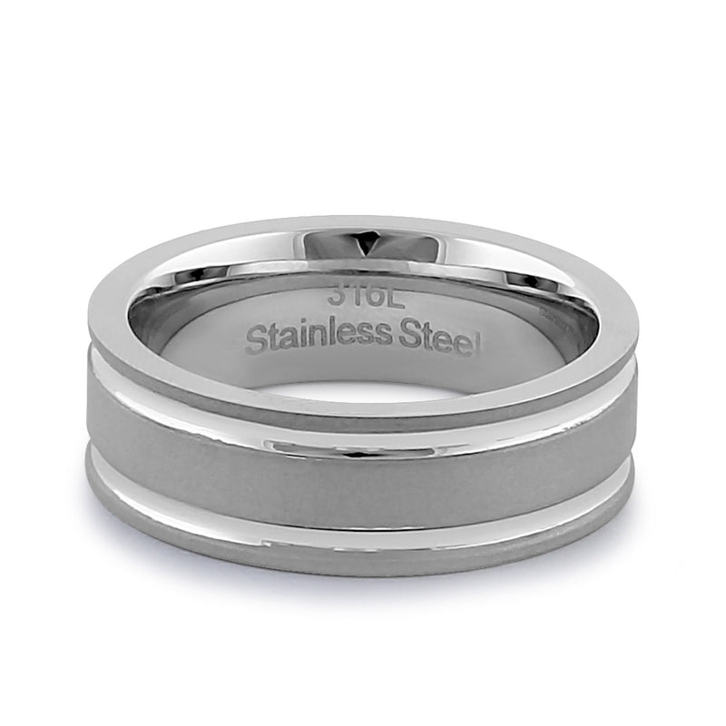 Stainless Steel Men's 7mm Matte with Polished Stripes Wedding Band