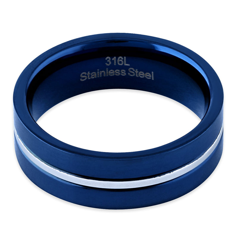 Blue Stainless Steel 6.5mm Satin Finish Striped Band Ring