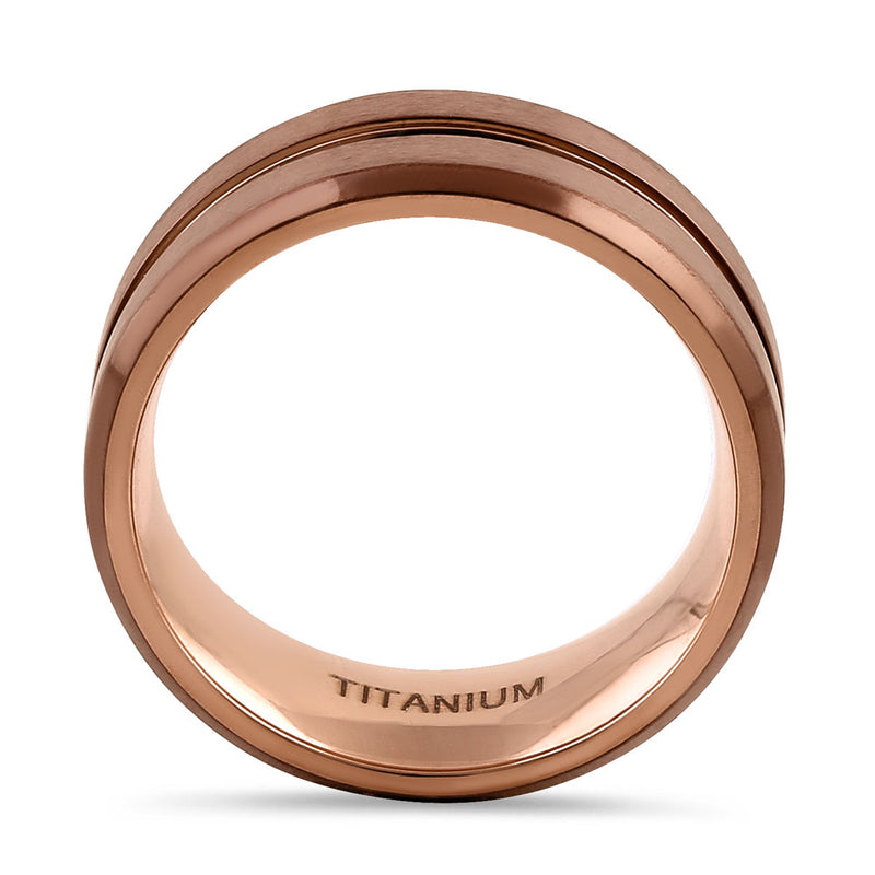 Titanium Coffee and Rose Gold 8mm Brushed with Stripe Band Ring