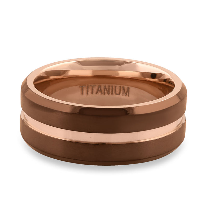 Titanium Coffee and Rose Gold 8mm Brushed with Stripe Band Ring