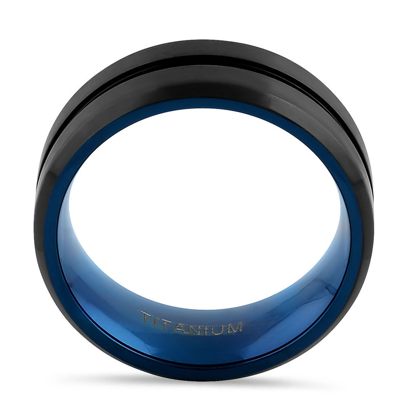 Titanium Black and Blue 8mm Brushed with Stripe Band Ring