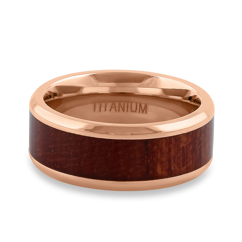 Titanium Rose Gold and Bubinga Wood 8mm Band Ring
