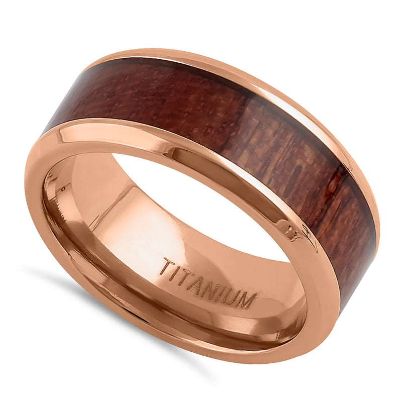 Titanium Rose Gold and Bubinga Wood 8mm Band Ring