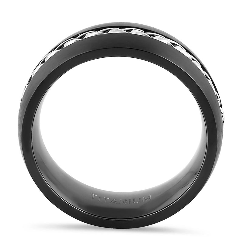 Titanium Black with Silver Steel Cable Band Ring