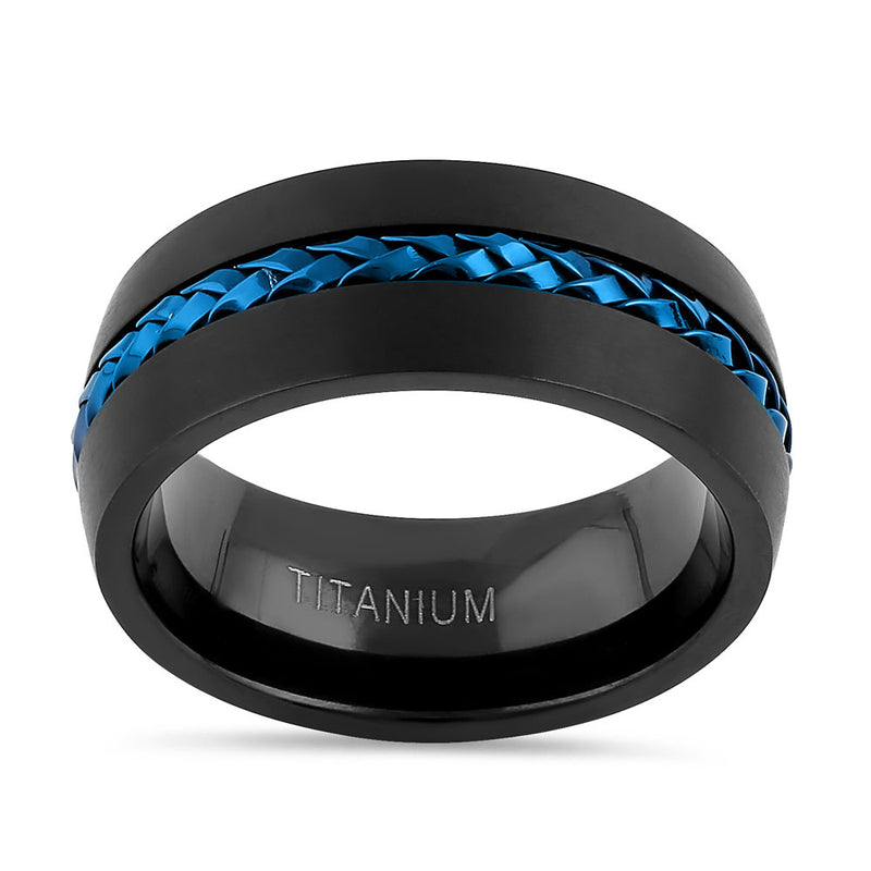 Titanium Black with Blue Steel Cable Band Ring