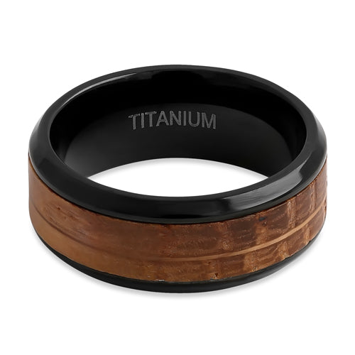 Titanium Black and Whisky Barrel Wood 8mm Band Ring
