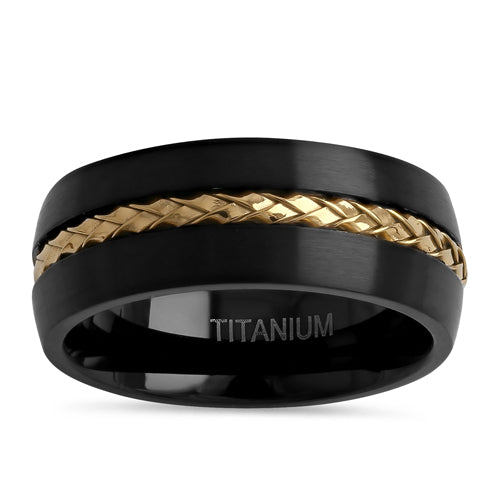 Titanium Black with Yellow Gold Steel Cable 8mm Band Ring