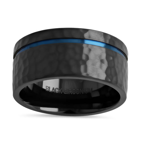 Black Zirconium with Blue Groove 10mm Hammered Brushed Band Ring