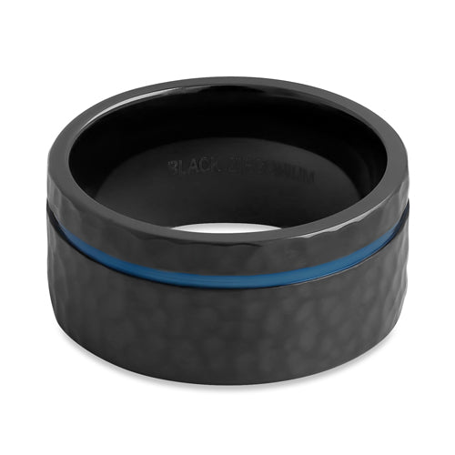 Black Zirconium with Blue Groove 10mm Hammered Brushed Band Ring