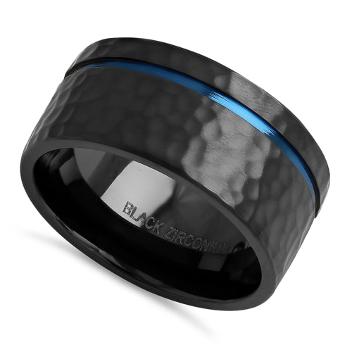 Black Zirconium with Blue Groove 10mm Hammered Brushed Band Ring