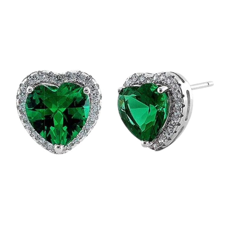 Sterling Silver Emerald Big Heart CZ Earrings