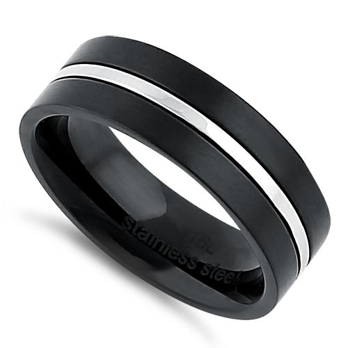 Black Stainless Steel 6.5mm Satin Finish Striped Band Ring