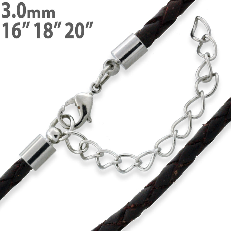 3.0mm Brown Braided Leather Cord w/ Adjustable Clasp
