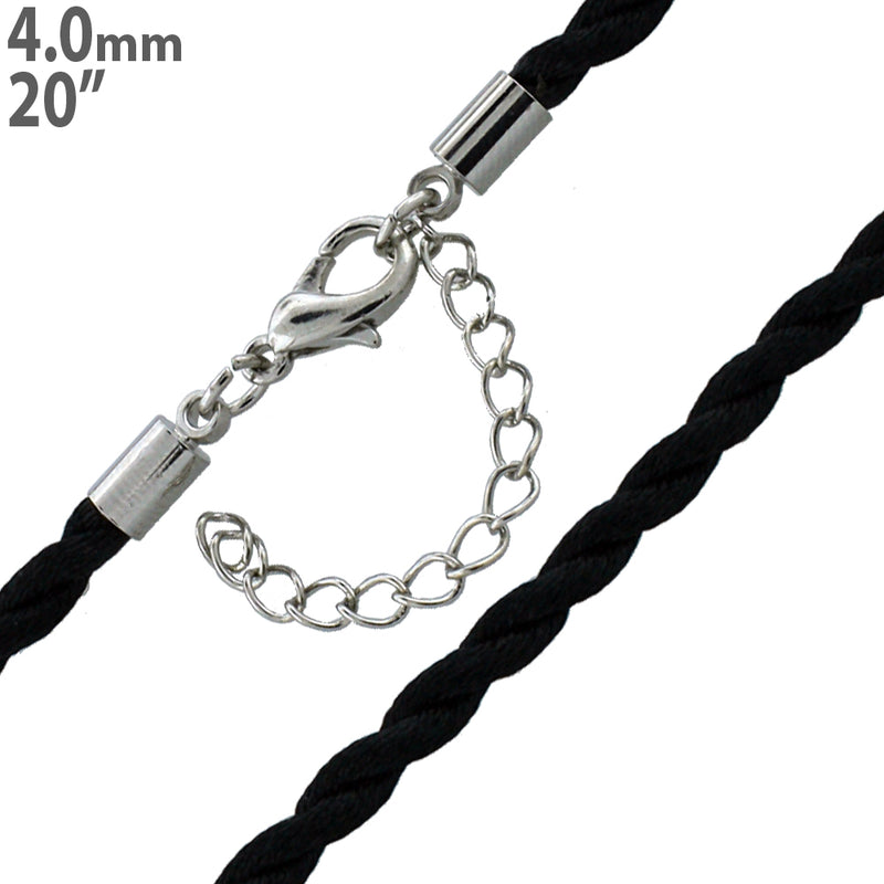 20" 4mm Twisted Black Silk Cord Necklace w/ Stainless Steel Clasp adj to 22"
