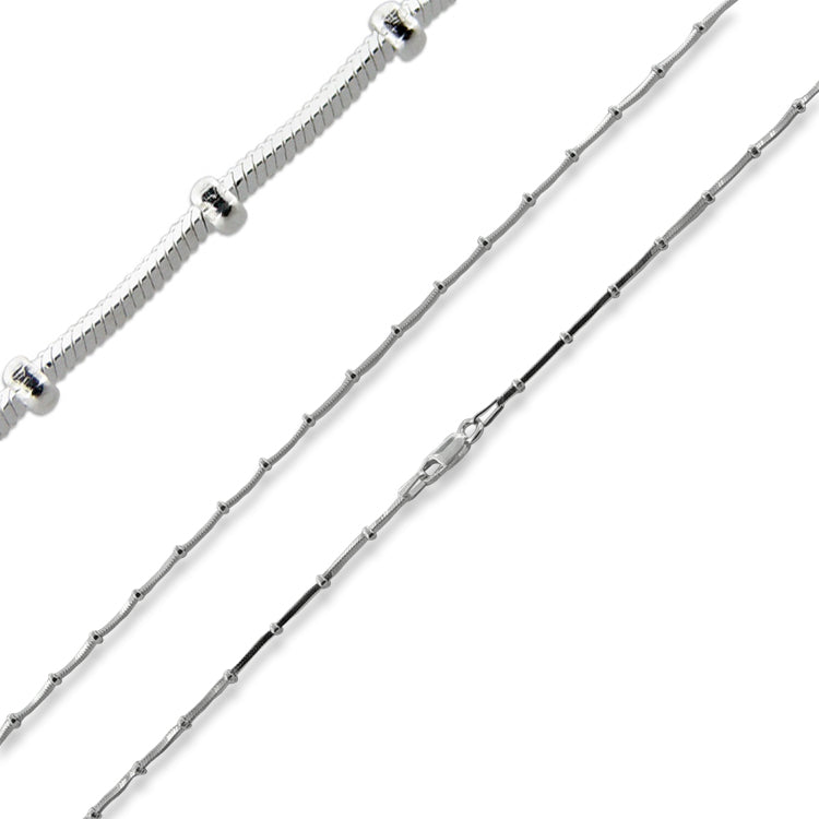 Sterling Silver 22" Square Snake Beaded Chain Necklace - 1MM