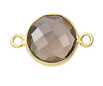 Gold Plated over Silver Bezelled Connector Smokey Quartz Round 11mm