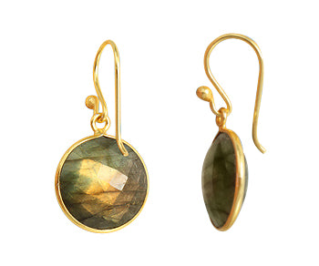 Gold Plated over Silver Bezelled Earrings Labradorite Round 16mm