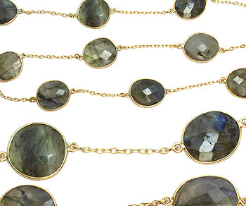 Gold Plated over Silver Chain w/ Bezelled Labradorite (sold by the foot)