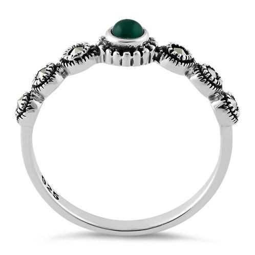 Sterling Silver Small Round Emerald Marcasite Ring