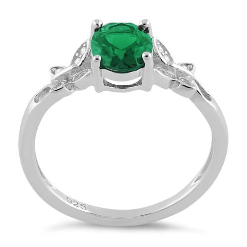 Sterling Silver Double Butterfly Emerald Center Stone CZ Ring