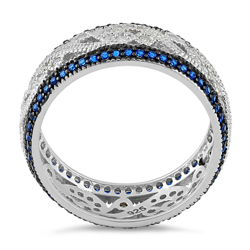 Sterling Silver Filigree Blue Spinel CZ Black Plating Ring