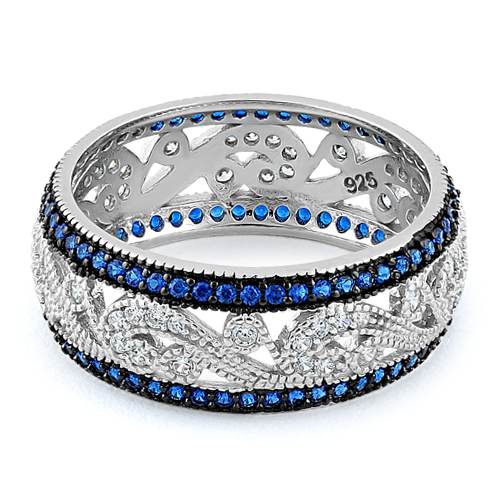 Sterling Silver Filigree Blue Spinel CZ Black Plating Ring