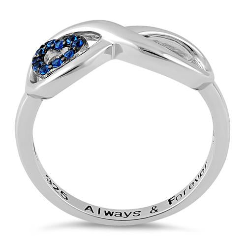 Sterling Silver Infinity Blue Spinel Heart "Always & Forever" Engraved CZ Ring