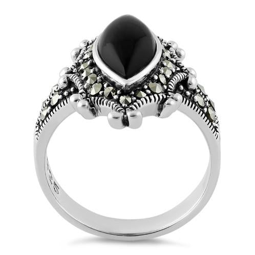 Sterling Silver Marquise Black Onyx Marcasite Ring