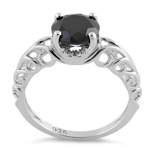 Sterling Silver Swirl Design Black and Clear CZ Ring