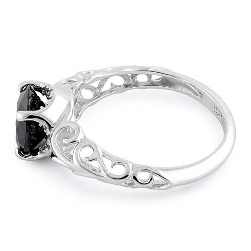 Sterling Silver Swirl Design Black and Clear CZ Ring