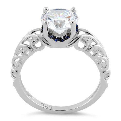 Sterling Silver Swirl Design Clear and Blue CZ Ring