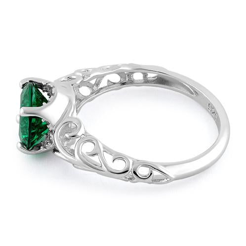 Sterling Silver Swirl Design Emerald and Clear CZ Ring