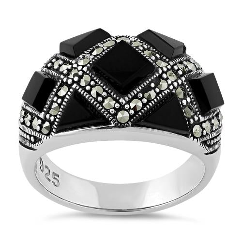 Sterling Silver Black Onyx Pattern Marcasite Ring