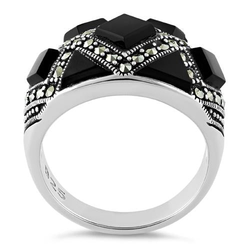 Sterling Silver Black Onyx Pattern Marcasite Ring