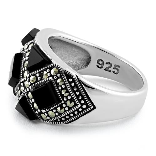 Sterling Silver Black Onyx Pattern Marcasite Ring