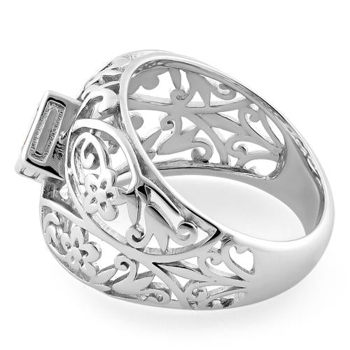 Sterling Silver Fleur-de-lis Flower Champagne CZ Ring
