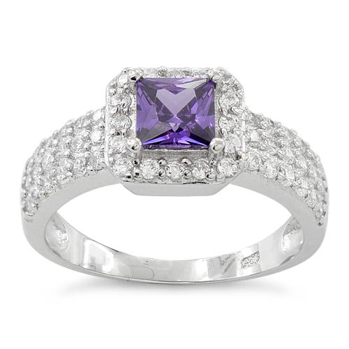 Sterling Silver Amethyst Princess Cut Pave CZ Ring